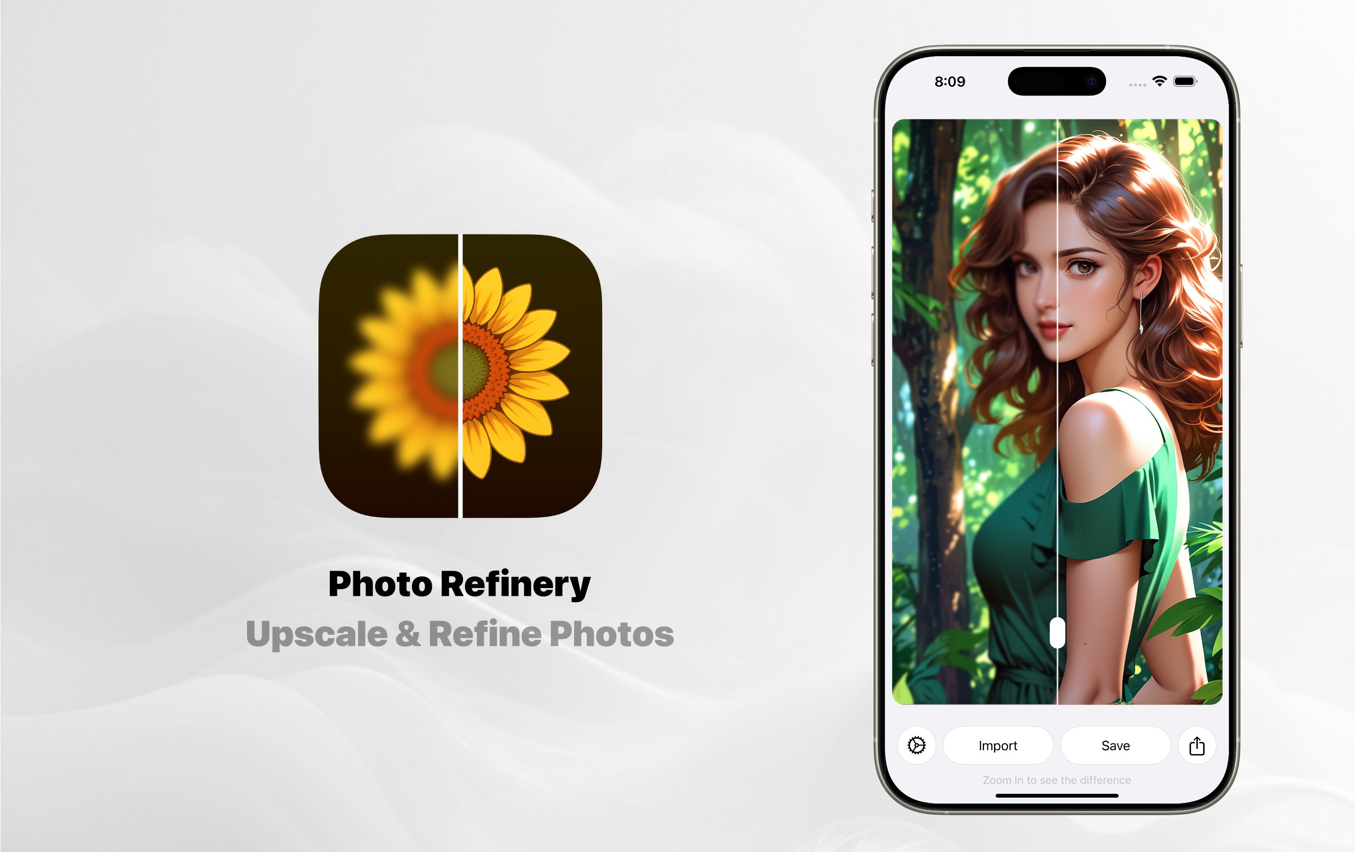 Photo Refinery app showing a before-and-after photo enhancement comparison on iPhone