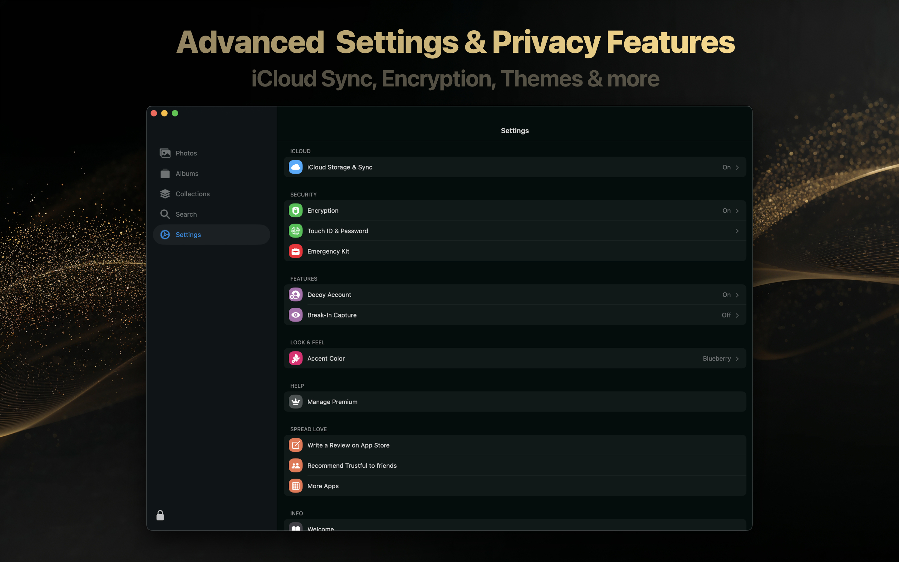 Trustful macOS settings showing iCloud sync encryption Touch ID and privacy features