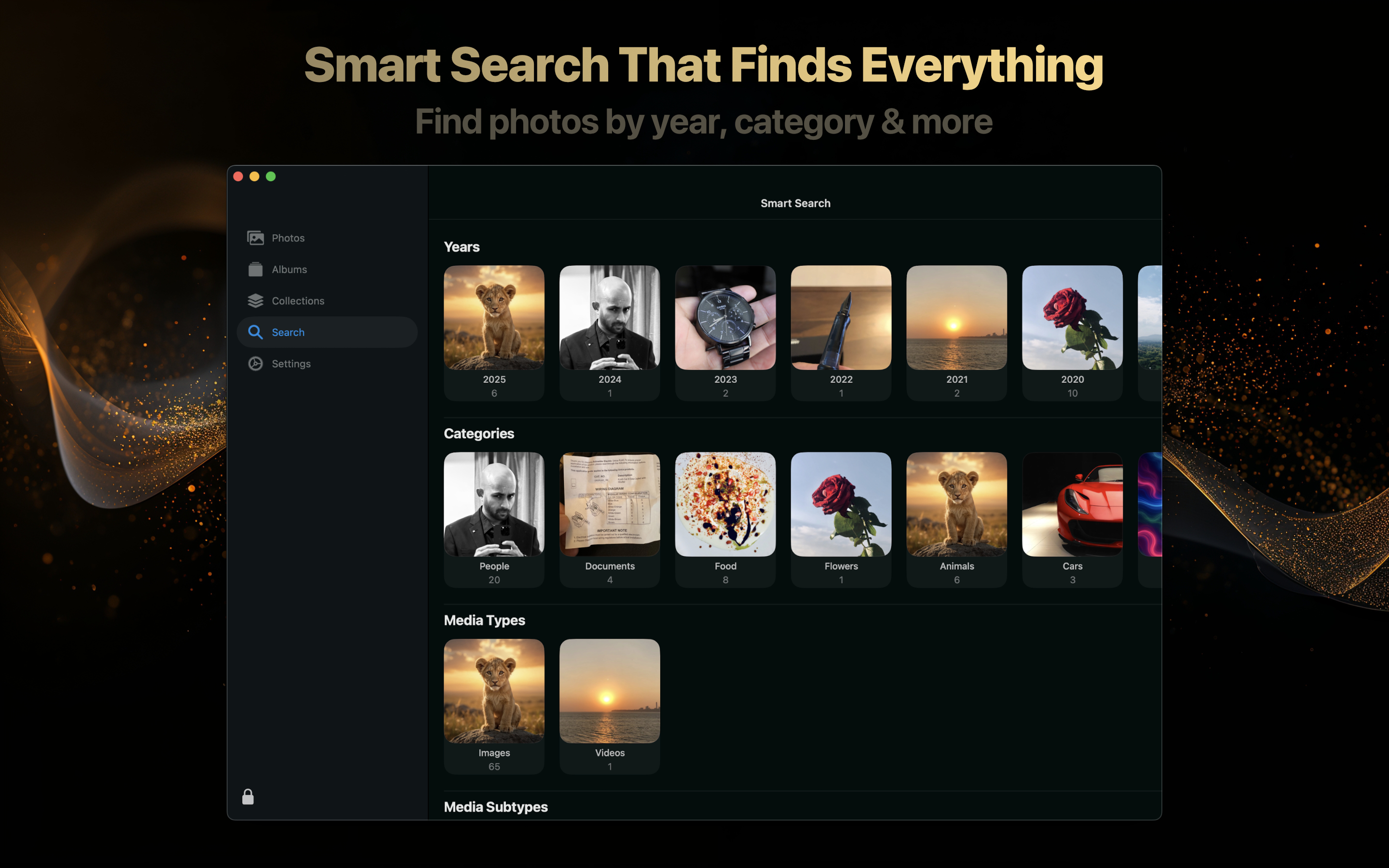 Trustful Smart Search on macOS for finding photos by year category and media type